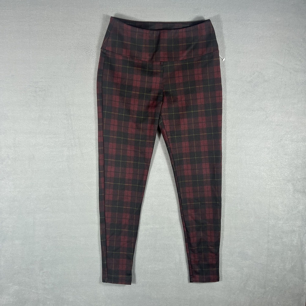 Zenana Women's Plaid‎ Leggings M Medium Red Black Stretch Pull-On Casual Pants